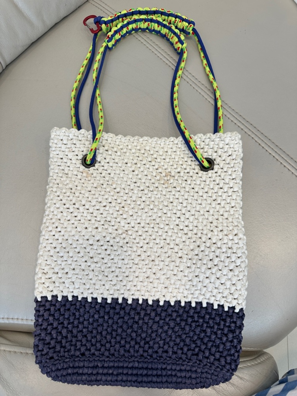 Handwoven Two-Tone Crochet Tote Bag in White and Navy with Neon Strap